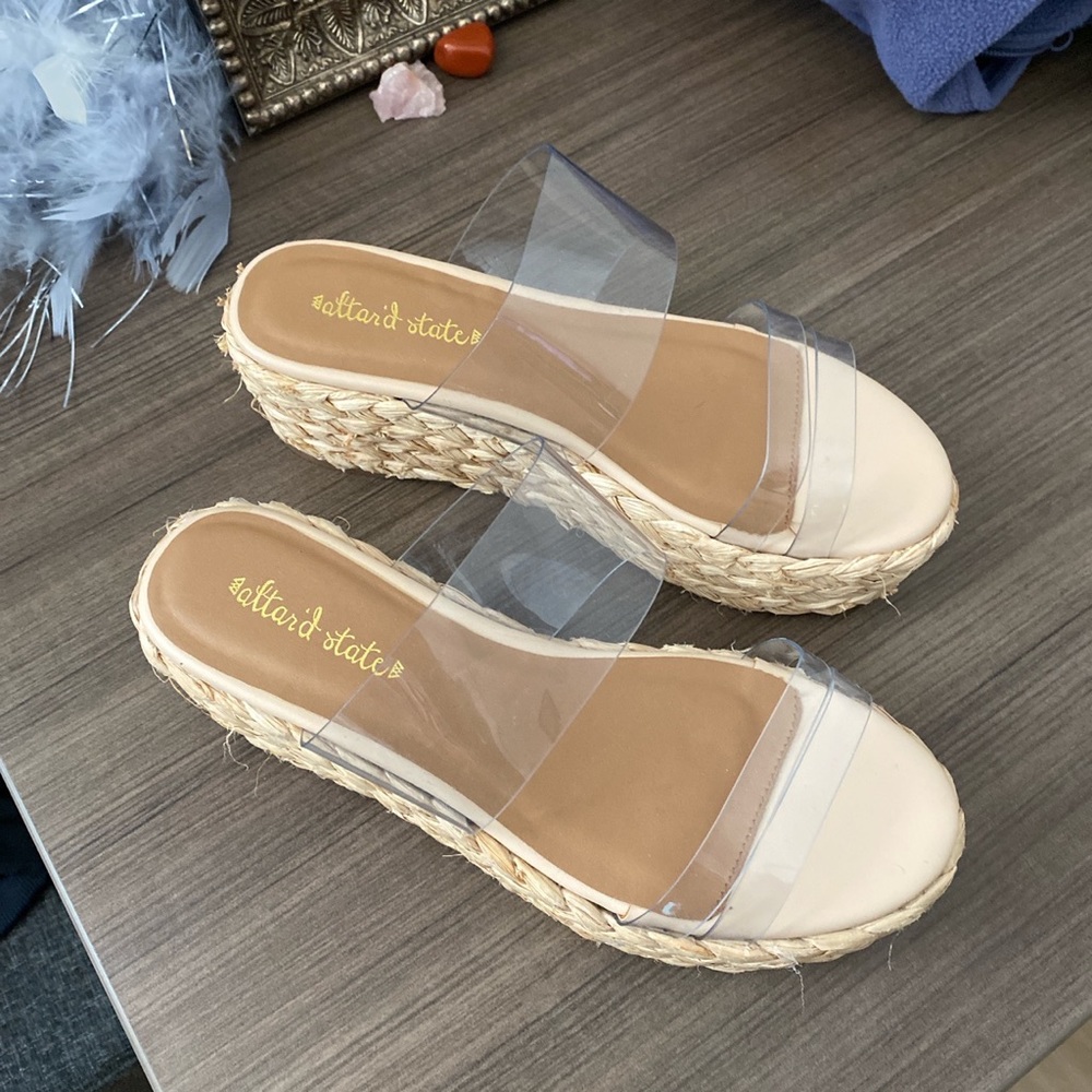 altar’d state wedges with clear straps